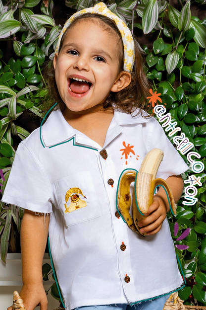 kid.ish anti-spill boxy button-up with banana phone embroidery